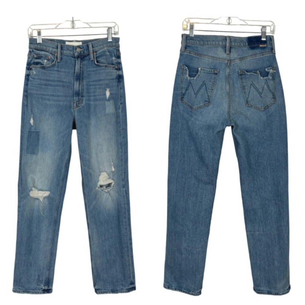 MOTHER High Waisted Study Hover Jeans Women 27 Blue Distressed Straight Leg